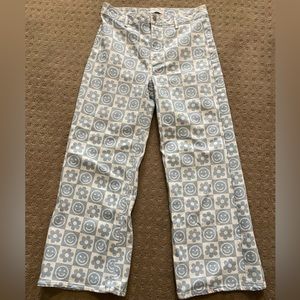 forever 21 wide leg pants, light blue, with smiley faces and flowers
